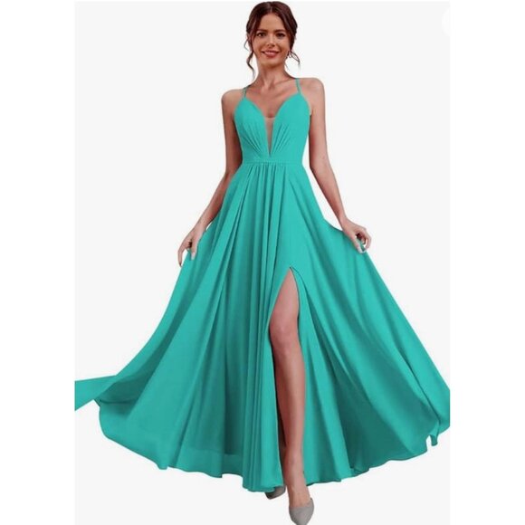 Happy Wedding Blue Pleated Lace-Up Back Bridesmaid Gown Size 12 - Picture 1 of 16